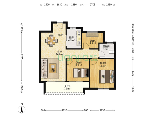 万科时代之光 3室1厅1卫 93平方