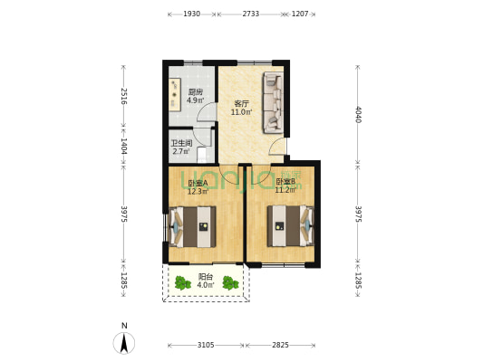 气象局宿舍 2室1厅1卫 58平方