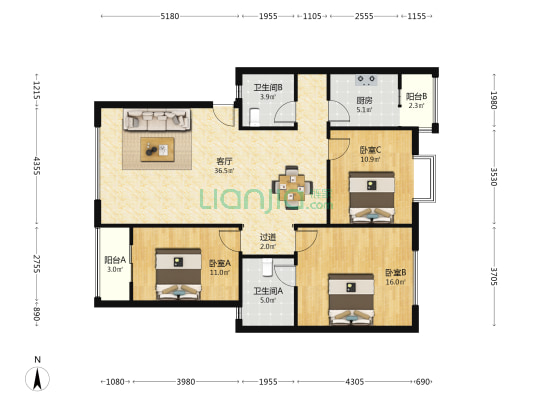 印月花园三小区 3室1厅2卫 117平方