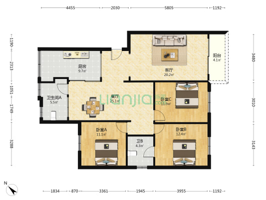基边新邨 3室2厅2卫 118平方