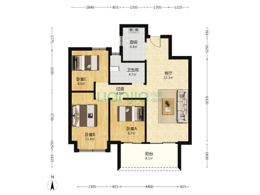 武汉蔡甸吾悦广场 3室1厅1卫 93平方