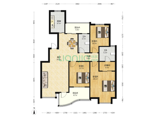 京明凤凰家园 3室1厅2卫 136平方