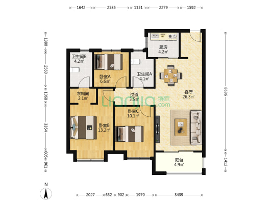 金辉高新云璟 3室1厅2卫 106平方