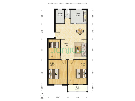 世纪花苑 2室1厅2卫 107平方