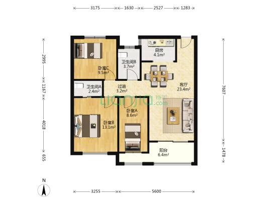 富春江南 3室1厅2卫 97平方