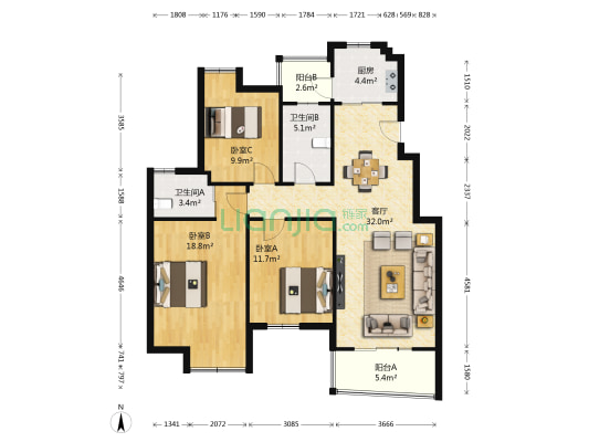 金帝名园 3室1厅2卫 113平方