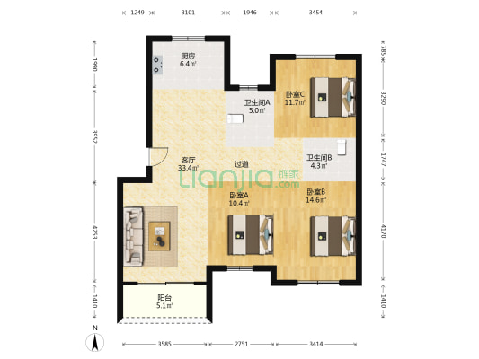 馨桂园 3室1厅2卫 103平方
