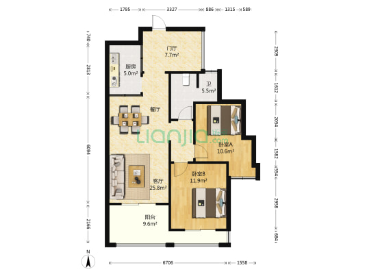 航宇长江国际 2室1厅1卫 92平方