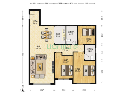 中海寰宇天下紫郡 3室1厅2卫 128平方