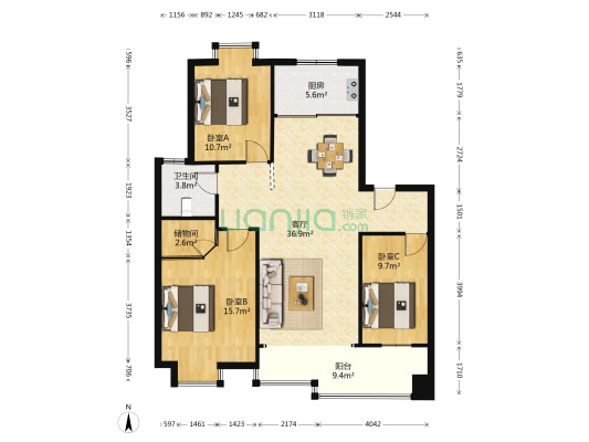 滨江花园 3室1厅1卫 106平方