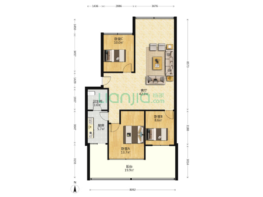 交警宿舍 3室1厅1卫 103平方