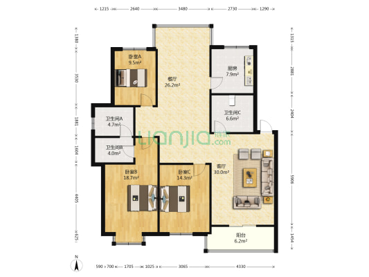阳光苑 3室2厅3卫 141平方