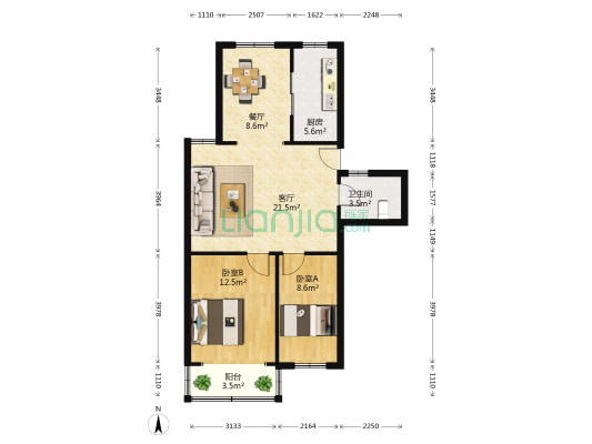清河新寓二村 2室2厅1卫 83平方