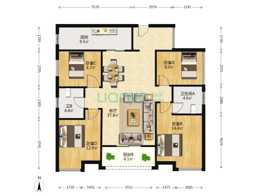 佳兆业东江新城六期 4室1厅2卫 125平方