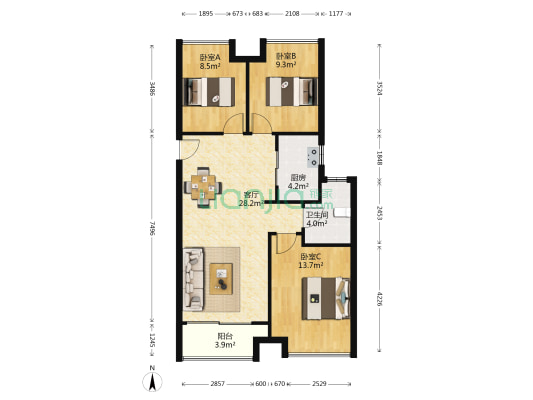 大家运河之星 3室1厅1卫 87平方