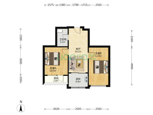 伟业城市绿洲 2室1厅1卫 62平方