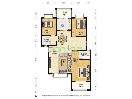华阳滨河花园 3室1厅2卫 113平方