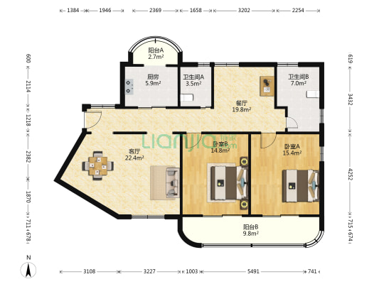 金浦花园 2室2厅2卫 142平方