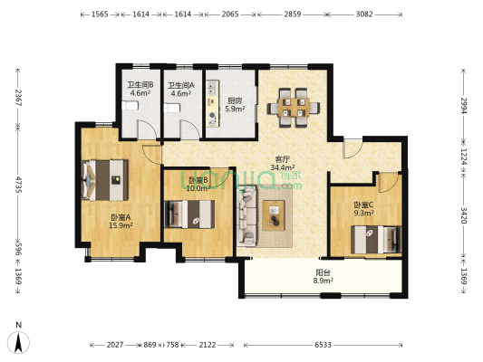 中骏玖唐府 3室1厅2卫 128平方