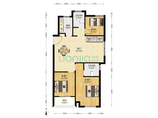 南湖名邸 3室1厅2卫 120平方
