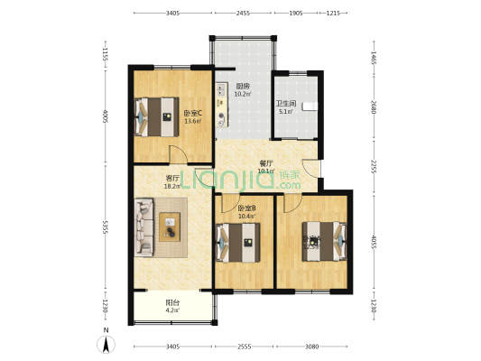 范阳路矿山局家属院南北通透四居，精装干净-户型图