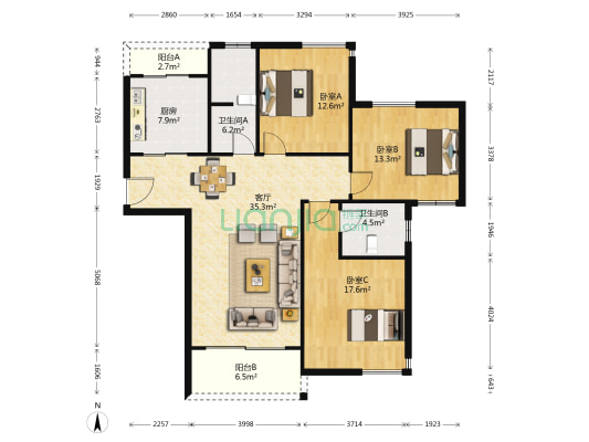 秀岸花园 3室1厅2卫 136平方