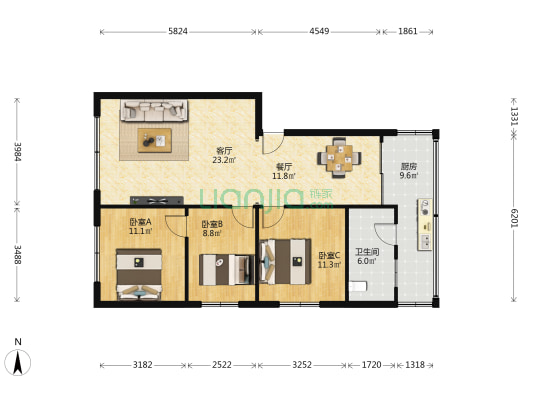 白沙关街 3室2厅1卫 101平方