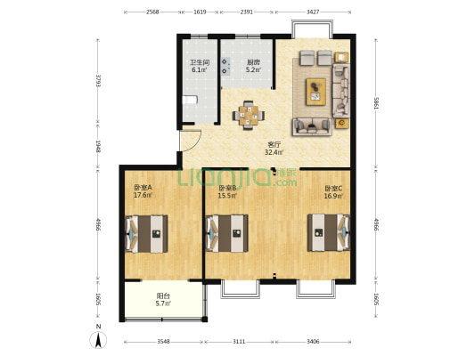 美丽小区 3室1厅1卫 121平方