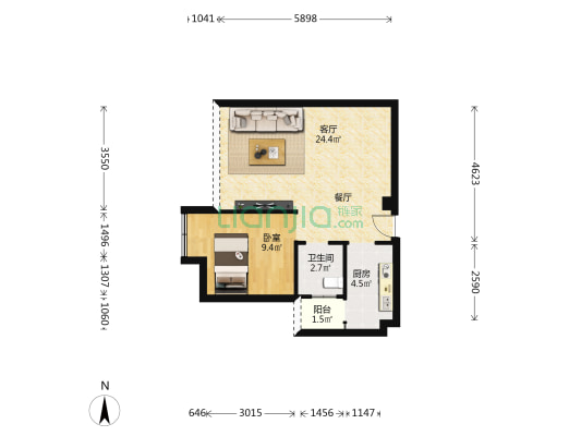 锦地上城 1室1厅1卫 53平方