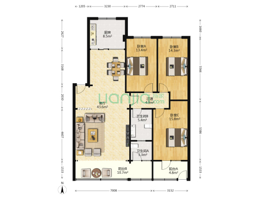 驼铃客车厂家属院 3室1厅2卫 143平方