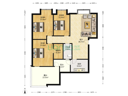 康健优士阁 3室1厅1卫 128平方