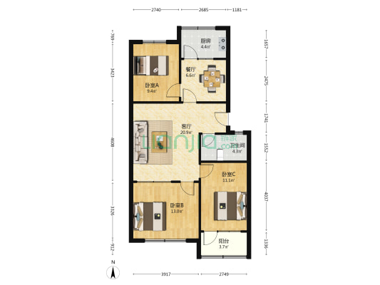 水产宿舍 3室2厅1卫 91平方