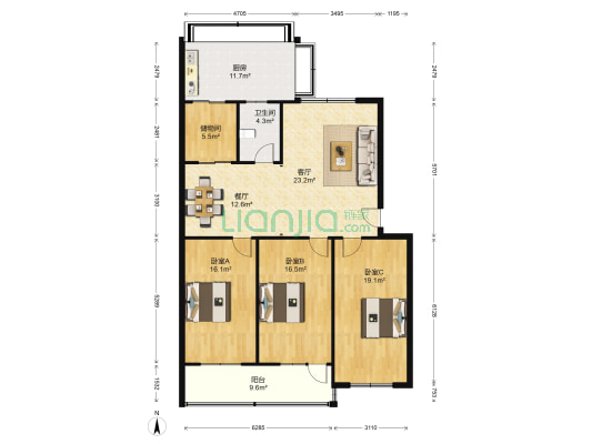 长途电信线务局 3室2厅1卫 135平方