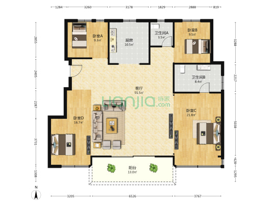 金地鸣庐府 4室1厅2卫 167平方