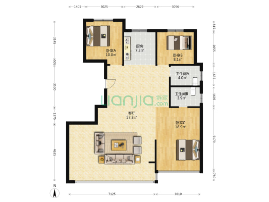 弘润瑞安中心 3室1厅2卫 138平方
