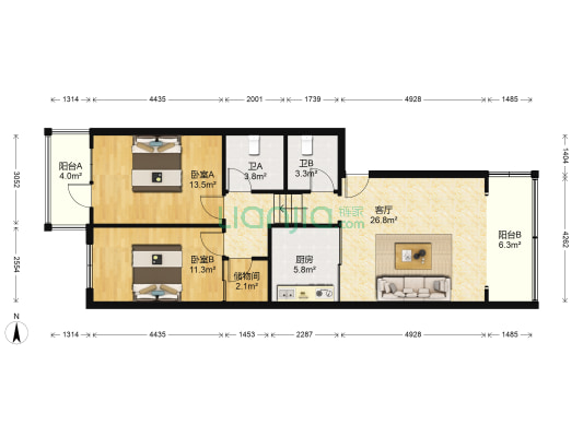 仪兴小区 2室1厅2卫 105平方