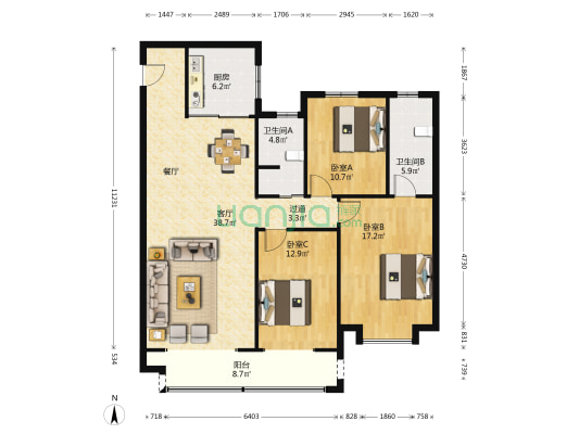 御湖蓝湾 3室1厅2卫 131平方