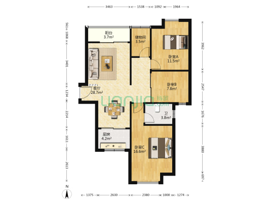 中港广场 3室1厅1卫 105平方