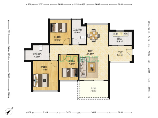 凤凰花苑 3室1厅2卫 90平方