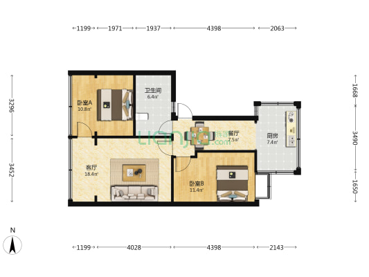云南省粮食管理局宿舍 2室2厅1卫 56平方