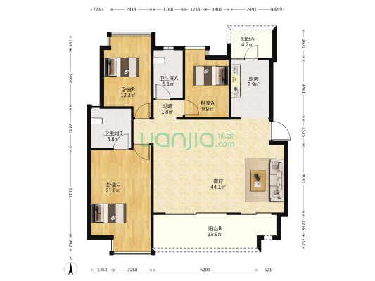 渝高星洲一期 3室1厅2卫 148平方