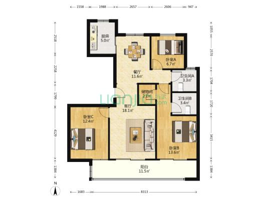 卧龙东方郡 3室2厅2卫 113平方