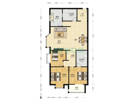天慧城小区 3室1厅2卫 141平方