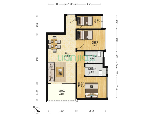 祥畔华庭 3室1厅2卫 82平方