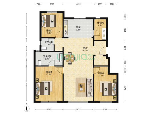 中海源境 3室1厅2卫 127平方