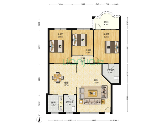 华天公寓 3室2厅2卫 124平方