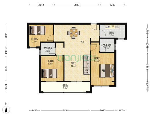 东湖上璟 3室1厅2卫 110平方