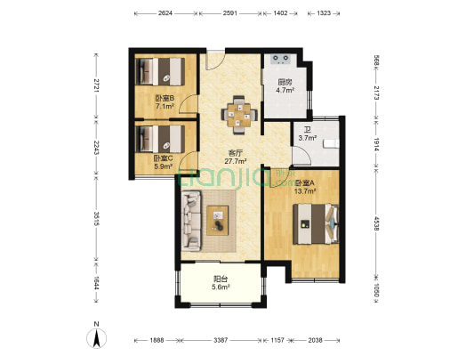 上园 3室1厅1卫 87平方