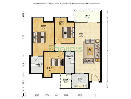 中人雅居 3室1厅2卫 98平方