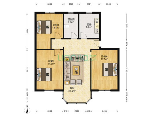 虞山北路136号 3室1厅1卫 115平方